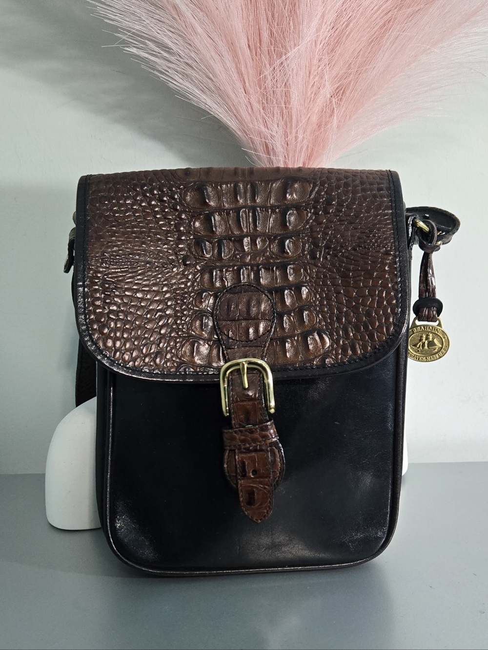 Vintage 1990s Brahmin Black & Brown Croc Crossbody Bag​